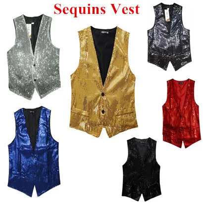 Partihandel-Ny Gratis Frakt Ny Mode Fritid Men Västar Suits Slim Sequins Gold Red Black White Grey Blue DJ Stage