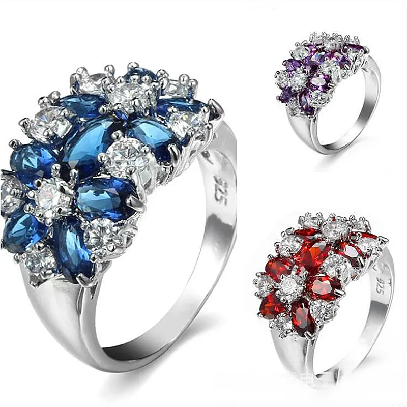 10 pièces cadeau de vacances bleu feu rouge améthyste violet blanc zircon cubique cristal pierre précieuse Russie 925 bagues de fleurs de mariage en argent sterling