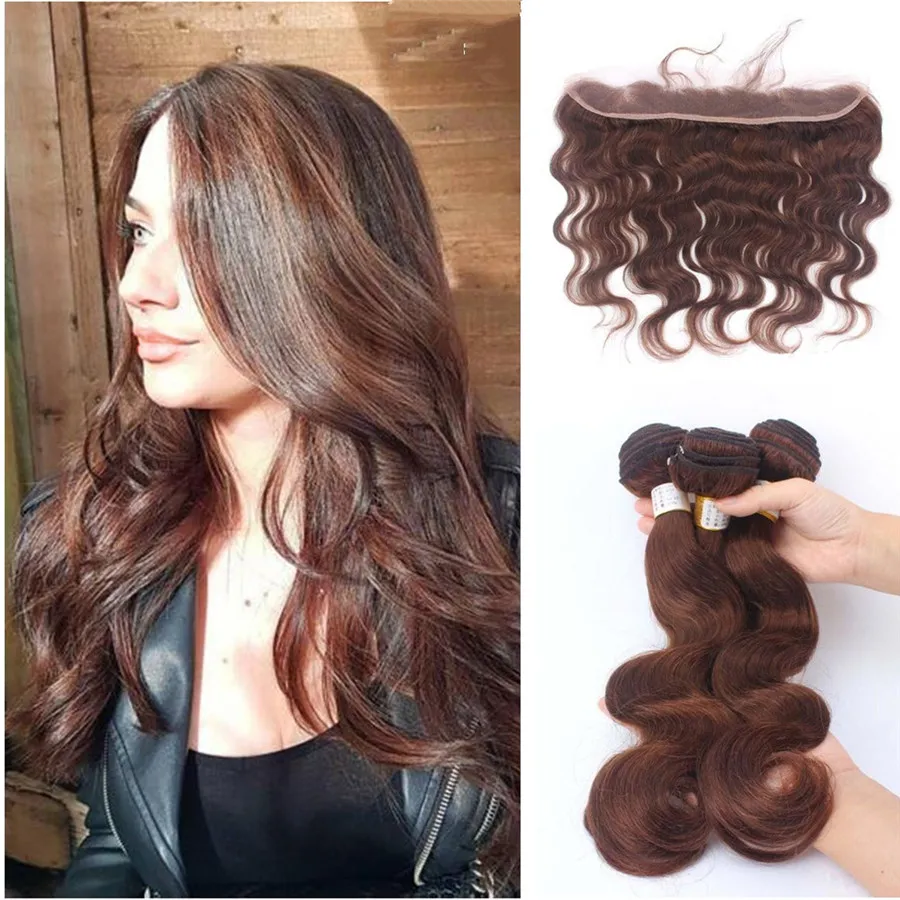 Peruvian Body Wave Virgin Hair Weaves With Lace Frontal Choklad Brun Lace Closure With Buntles Färg # 4 Medium Brown Hair Frontal