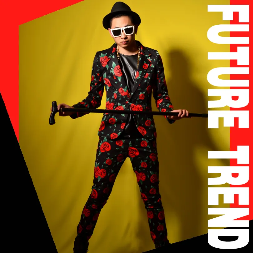 Rose Pattern Blazers Costumes pour hommes Discothèque Bar DJ Chanteur Costume de scène Punk Rock Jazz Danse Performance Vêtements Prom Party Show Outfit