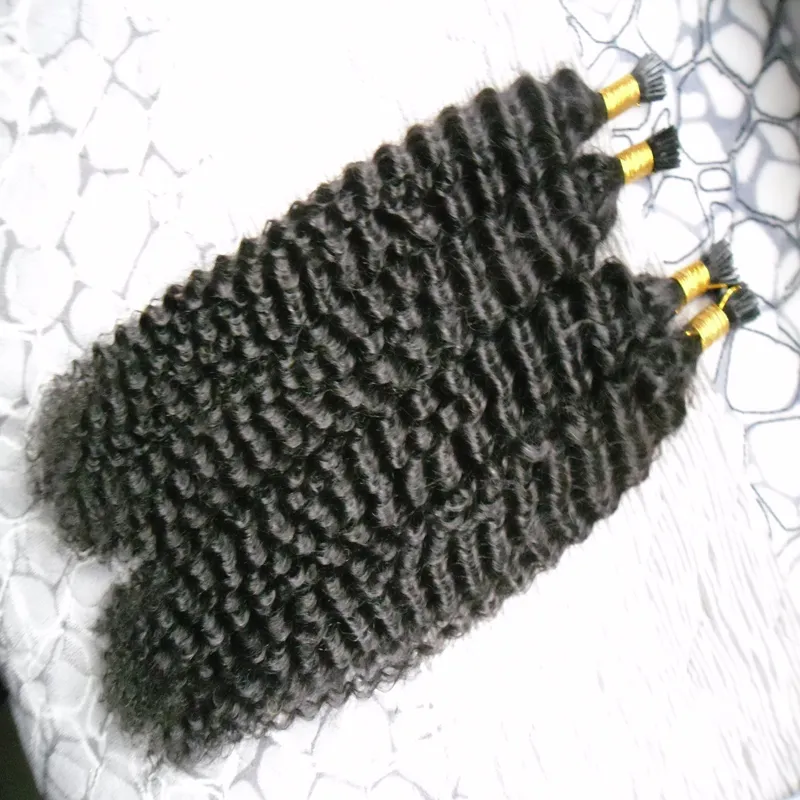 I Tip extensions de cheveux cheveux naturels ondulés #1 Jet Black remy stick tip extensions de cheveux humains profondément bouclés 200g 1g/brin 200s