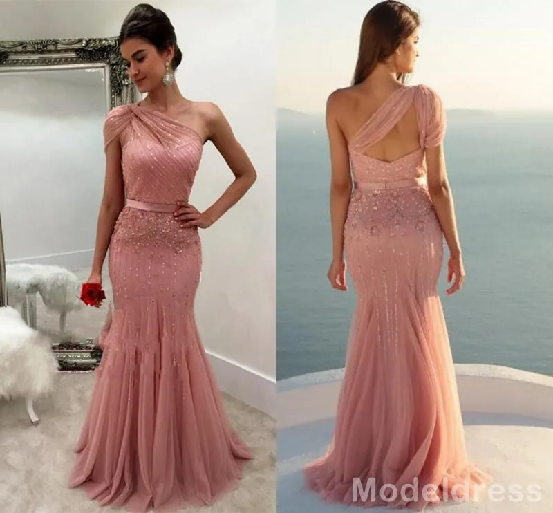 Ny design Dusty Rose Formal Dresses Evening Wear 2020 One Shoulder Beaded Mermaid Long Arabic Prom Party Special Occasion Grows Cheap