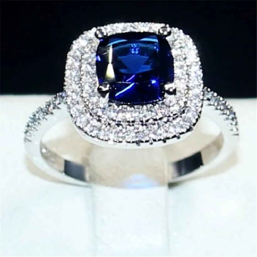 Lady's Blue Gemstone Anéis Jóias 925 Prata Esterlina Princesa-Cut 4ct Crystal Diamond Anel de casamento para o tamanho do dia dos namorados Tamanho 5-10