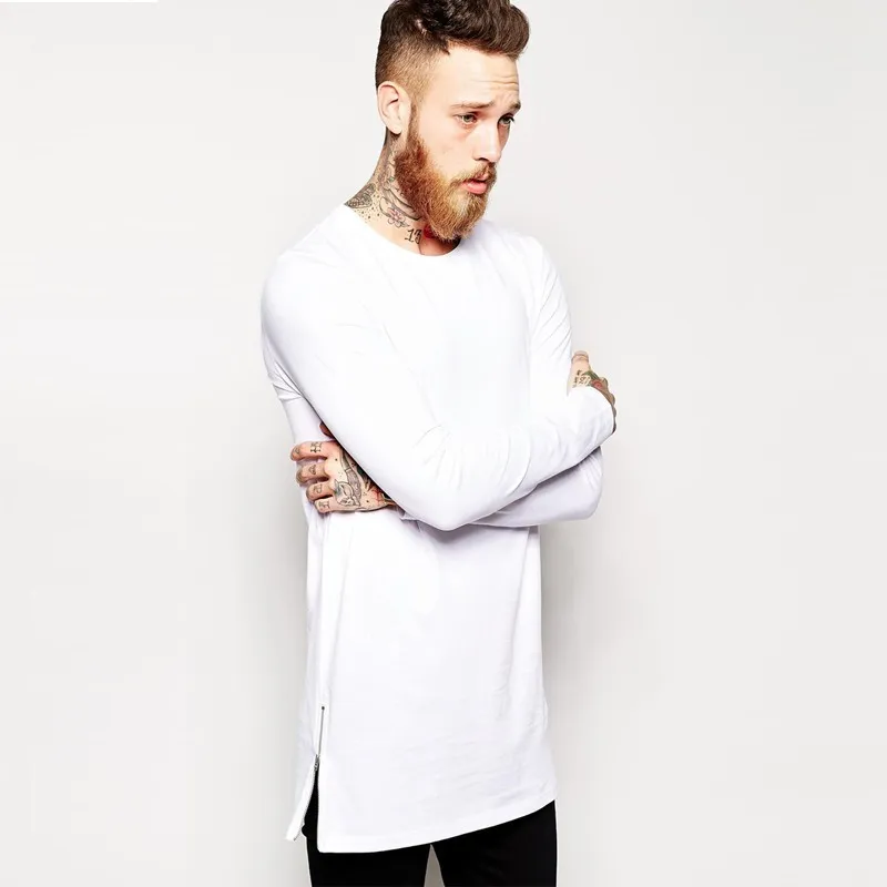 Mode High Street Hip Hop Wish Men's Long Sleeve Tee Side Zipper Dekoration 100 Bomull med långärmad T-shirt