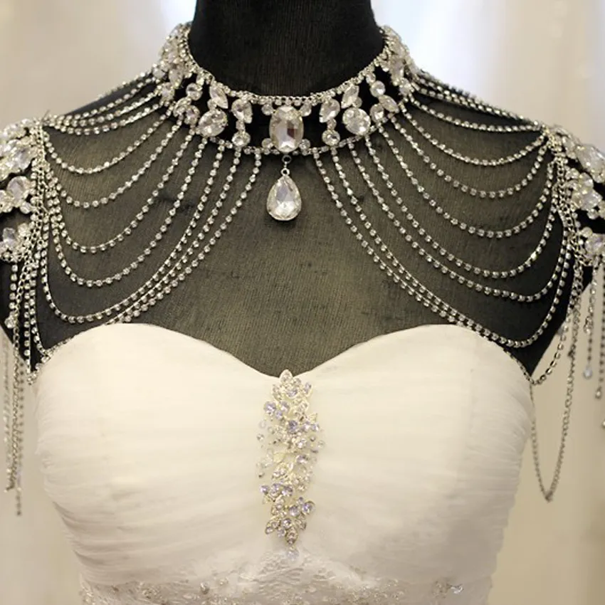 Wedding Shawl Bridal Wraps Jackets 2017 Luxury Sexy Beatiful Rhinestone Crystal Bride Shoulder Chain Jewelry Jacket1490986