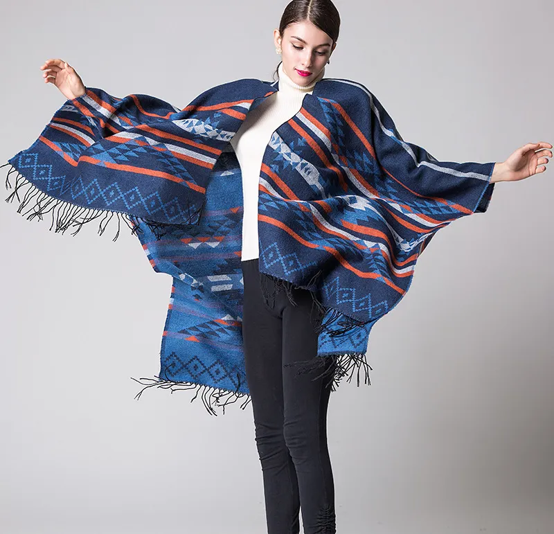 2017 Etniczne Geometryczne Szal Kobiety Czechy Cashmere Tassel Poncho Aztek Long Pashmina Kimono Dzianiny Capes Okładki Cardigan