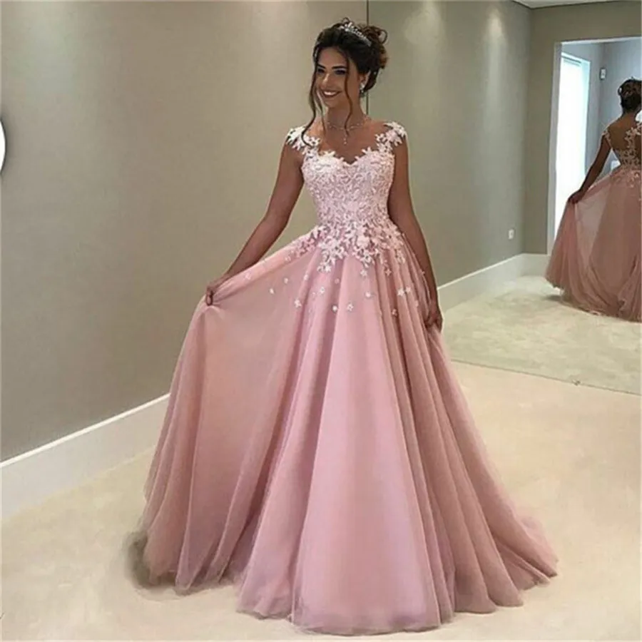 Formal Longo Flowers Appliques Pink A-line Prom Dress Sleeveless Long Evening Dresses Vestido Party Dresses vestido de festa