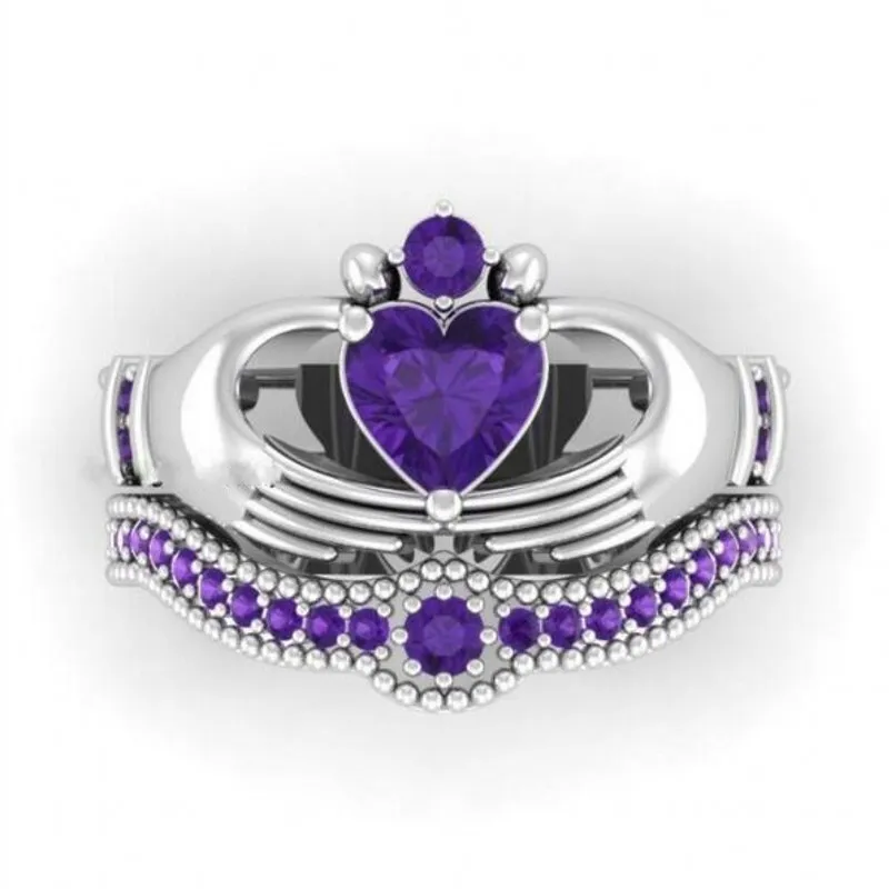 Eternal Clodagh Ring Sets 10kt White Gold Wypełniony 1CT Heart Purple Sapphire Obrączka ślubna dla kobiet Prezent Rozmiar 5-11