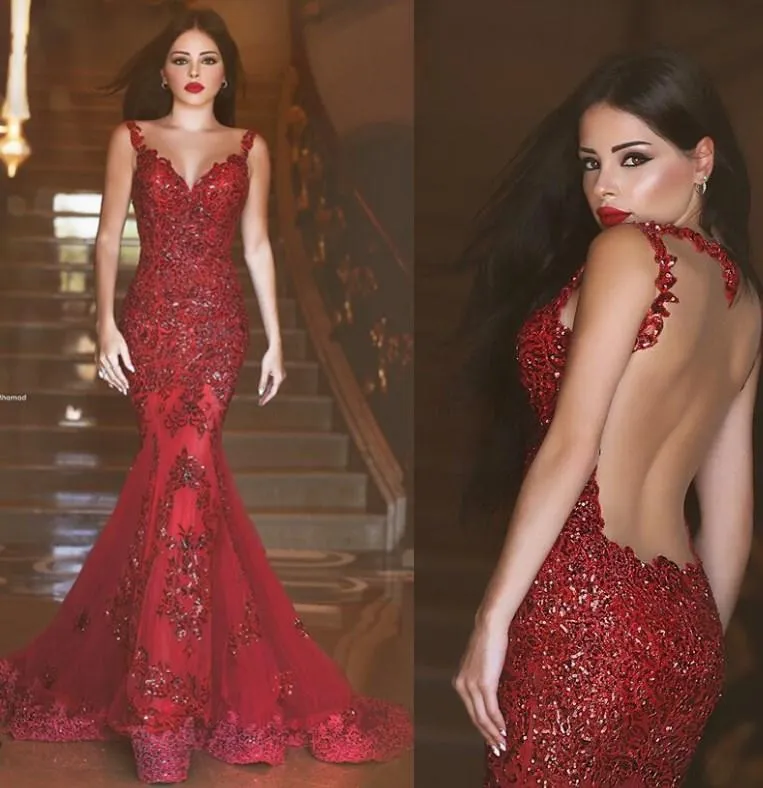 Arabski Burgundia Syrenka Suknie Wieczorowe Backless Long Prom Suknie Cekiny Sweetheart Lace Aplikacja Formalna Tanie Suknie Wieczorowe