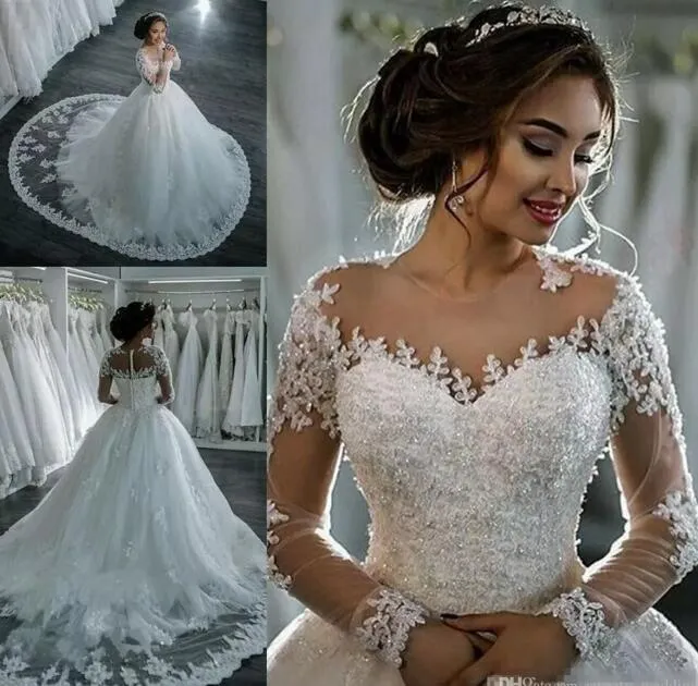 Luxury Applique Crystal Wedding Dresses With Gorgeous Jewel Long Sleeve Covered Button Back Sweep Train Bridal Gown 2021 New Design