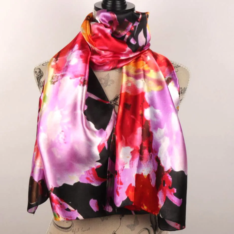 9STYLES Lavande Rouge Noir Lys Fleur Foulards Femmes Mode Satin Peinture À L'huile Long Wrap Châle Plage Foulard En Soie 160X50cm S82-s90