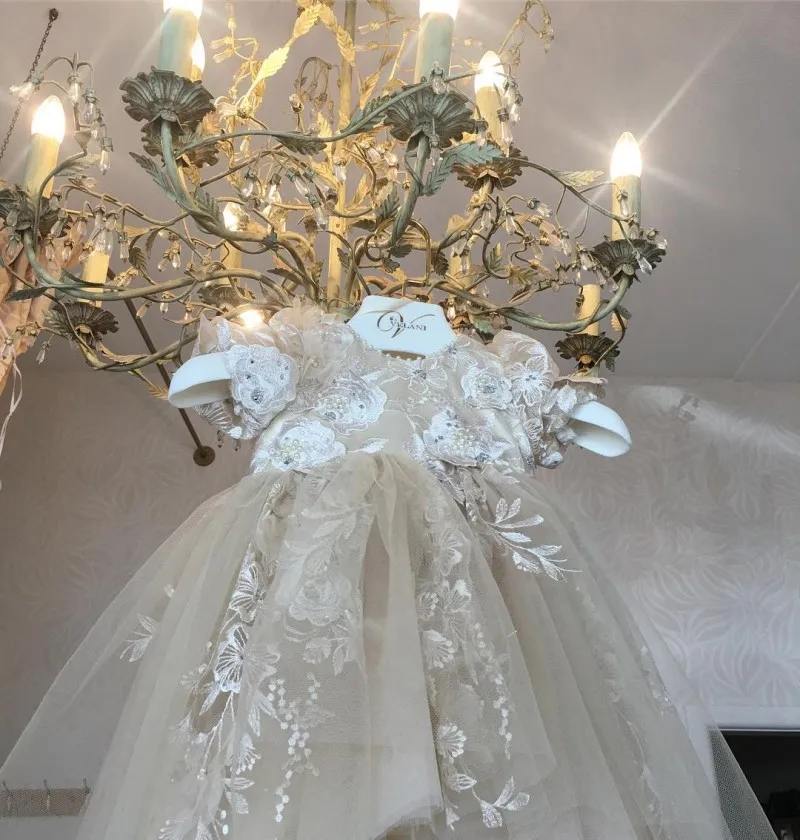 champagne infant dress V Back Glittering Lace Champagne Satin Wedding Flower Girl Dress Kids Party 9T