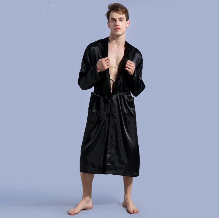 2017 الرجال الحرير الصلبة الجلباب حمام طويل الأكمام ثوب النوم فضفاض زائد حجم النوم ثوب ملابس للذكور