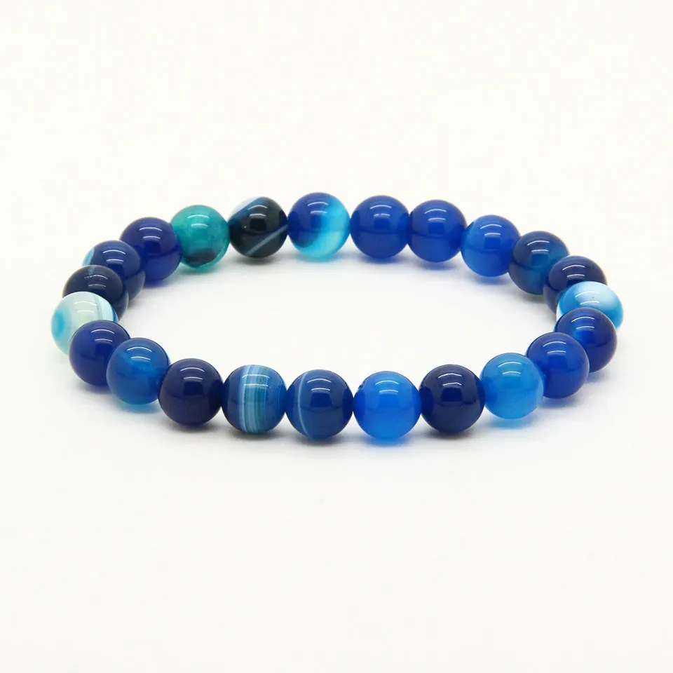 Mix Colors Wholesale 8mm Good Quality Blue, Purple, Pink Bandard Agate Stone Beads Energy Elastic Bracelets