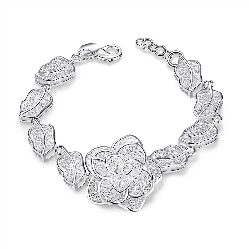 Mode 925 Sterling Silver Rose Flower Charm Armband Kvinnor Högkvalitativ 8 tum Lång Gratis Frakt 10st