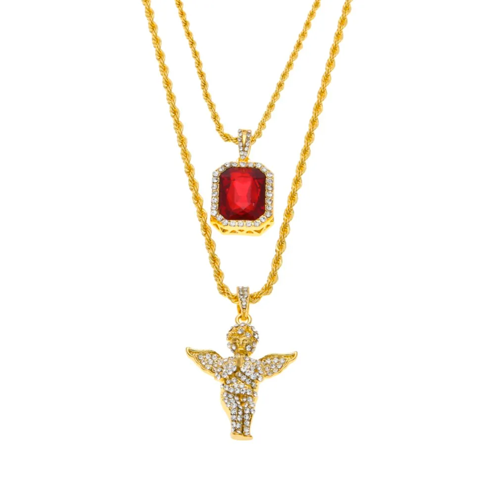 Iced Out Ruby Necklace Set Brand Micro Ruby Angel Jesus Wing Pendant Hip Hop Halsband Male Jewelry Whole338f