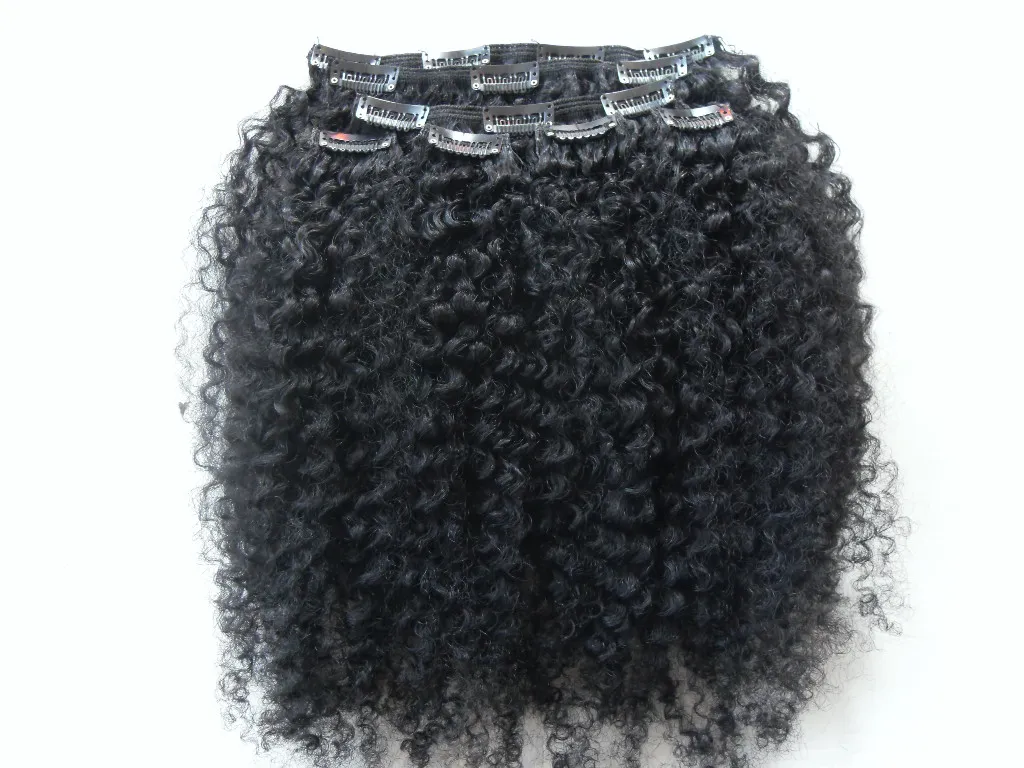 Brasilianska Human Virgin Remy Clip Ins Hair Extensions Kinky Curls Haft Weft Jet Black 1 # Färg