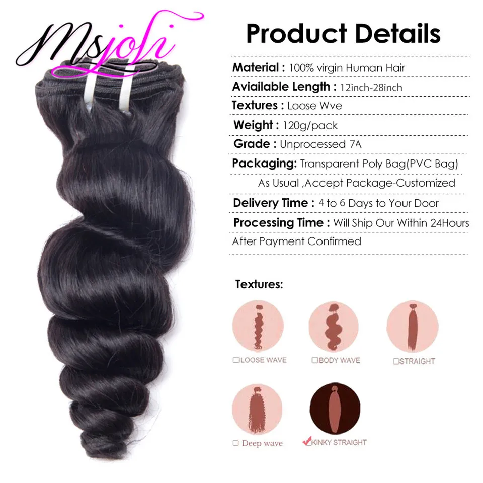 Msjoli Brazilian Virgin Human Hair Clip in Hair Extensions 100gルーズウェーブナチュラルカラーフルヘッドLOT4114506