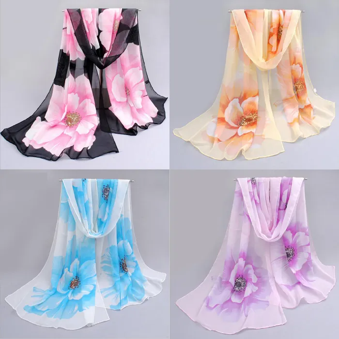 Sciarpa da donna a buon mercato in fabbrica Marca di seta Stampa di lusso Fiore Poliestere Donna Scarabocchio in chiffon Fiore stampato Sciarpa avvolgente Copertura da spiaggia Sarog160 * 50cm