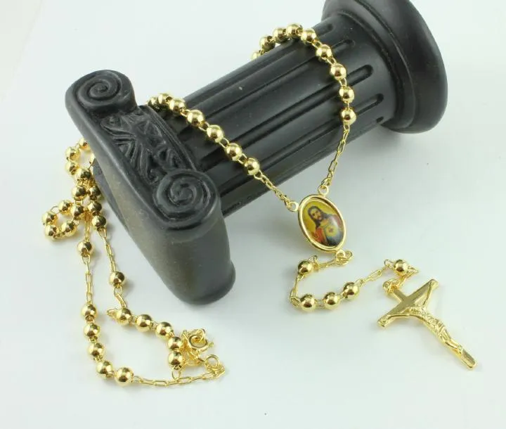 18K Real Rosário de Ouro Amarelo Orar Conta O Espírito Santo Jesus Colar de Cruz / corrente em uma caixa de presente Não satisfeito com o reembolso