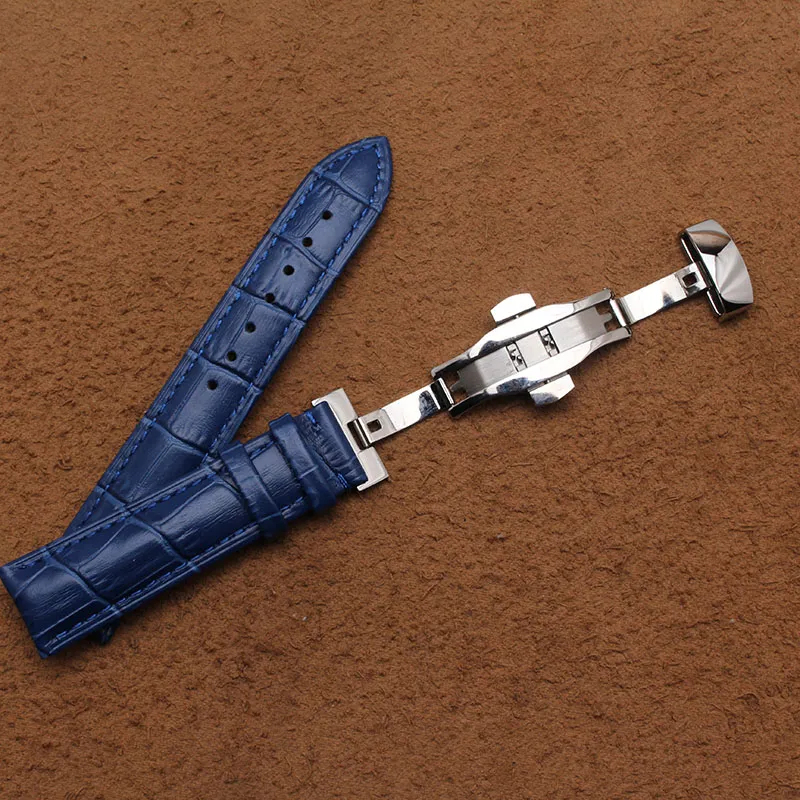 Cowhide Leather WatchBands Watch Strap Silver Silver Stainless Steenless Steel Metal Buttlefly Deployment Blue WatchBands for Men 14 16 18mm2278