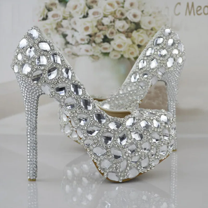 Silver Rhinestone Vacker Prom Party Women High-Heeled Bröllop Skor Bruden Signle Skor Pumpar Storlek 34-43 Bridesmaids Skor