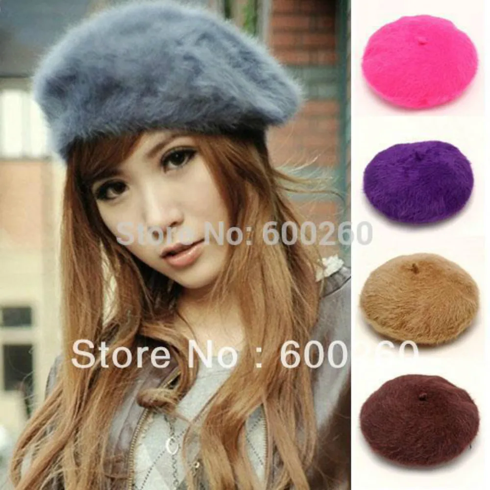 Vente en gros-2016 nouvelle mode 1pcs élégant artiste multicolore pour femmes fourrure lapin beanie béret chapeau de béret