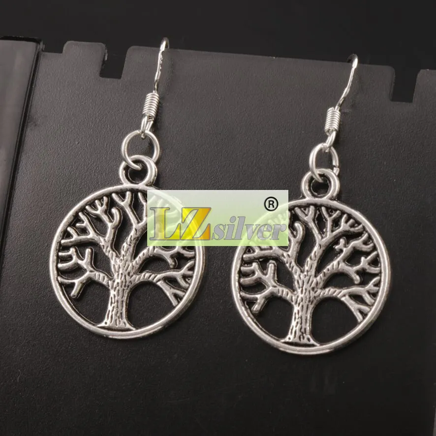 Tree of Life Earrings 925 Silver Fish Ear Hook Antique Silver Chandelier E463 20x40mm257e