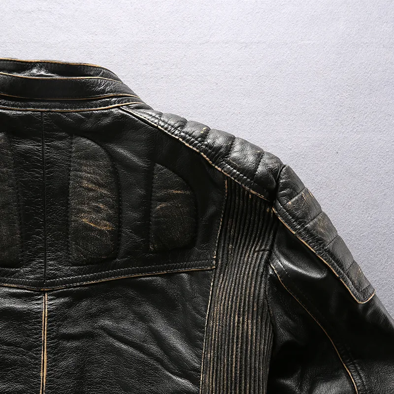 Vintage siyah AVIREXFLY Erkekler inek deri ceket retro şerit slim fit motosiklet deri ceketler Yarış ceket satış