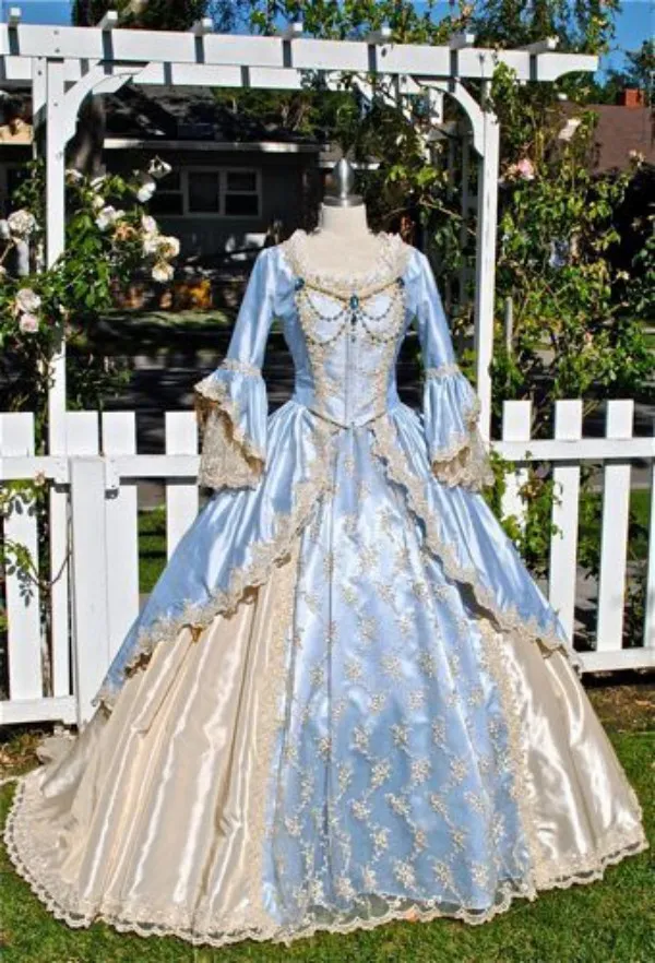 Vintage robe de bal robe victorienne médiévale Gothid robe de mariée Champagne bleu ciel clair manches longues cloche Appliques encolure dégagée Cust208x