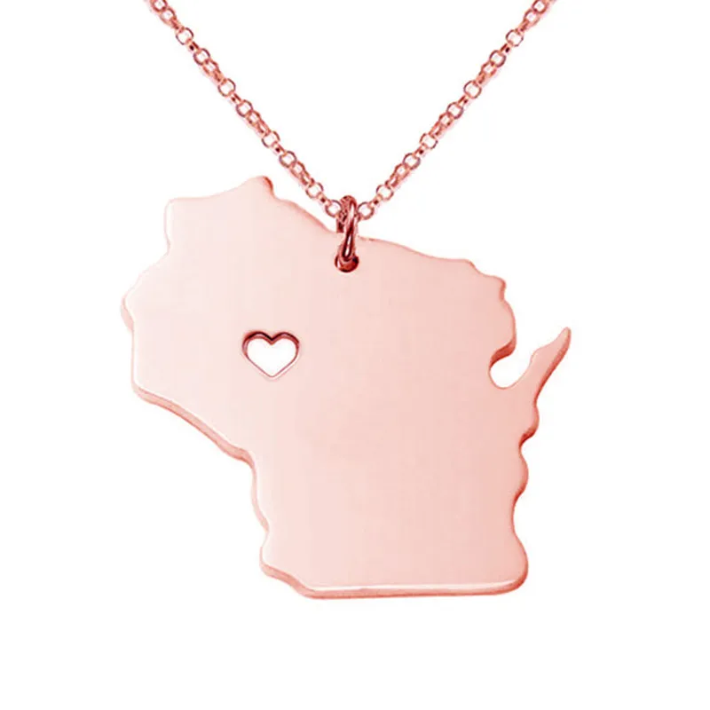 Wisconsin Map Collier pendentif en acier inoxydable avec coeur d'amour USA State WI Géographie Carte Colliers Bijoux pour femmes et hommes