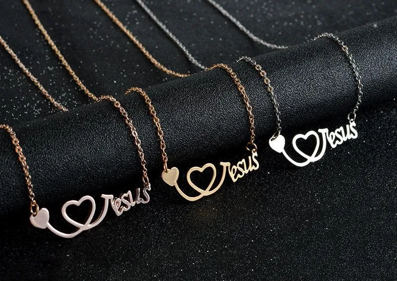 I Love Jesus Ketting Zilver Rose Goud Hart Stethoscoop Hangers Geloof Mode-sieraden voor Vrouwen Mannen Sieraden gift317h