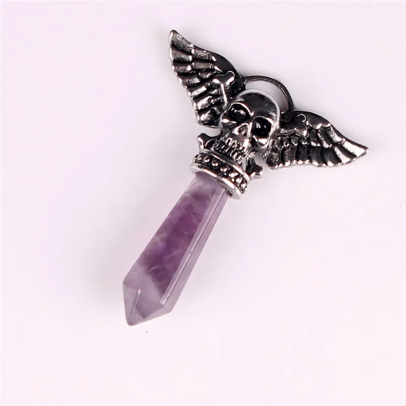 New Style 6 Kinds Alloy Skeleton Ghost Wings Charms Natural Lapis Lazuli Pink Crystal Amethyst Synthesized Opal Turquoise Green Pendulum