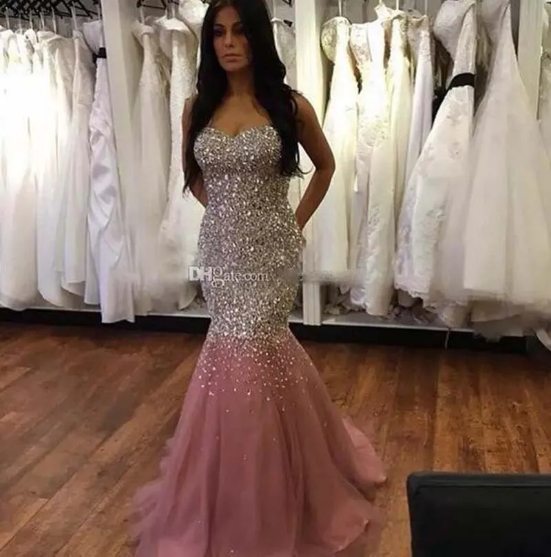 2017 Sweetheart Crystal Beaded Sequin Avondjurken Luxe Mermaid Tule Satijn Vloer Lengte Plus Size Skin Pink Prom Dresses Pageant Town