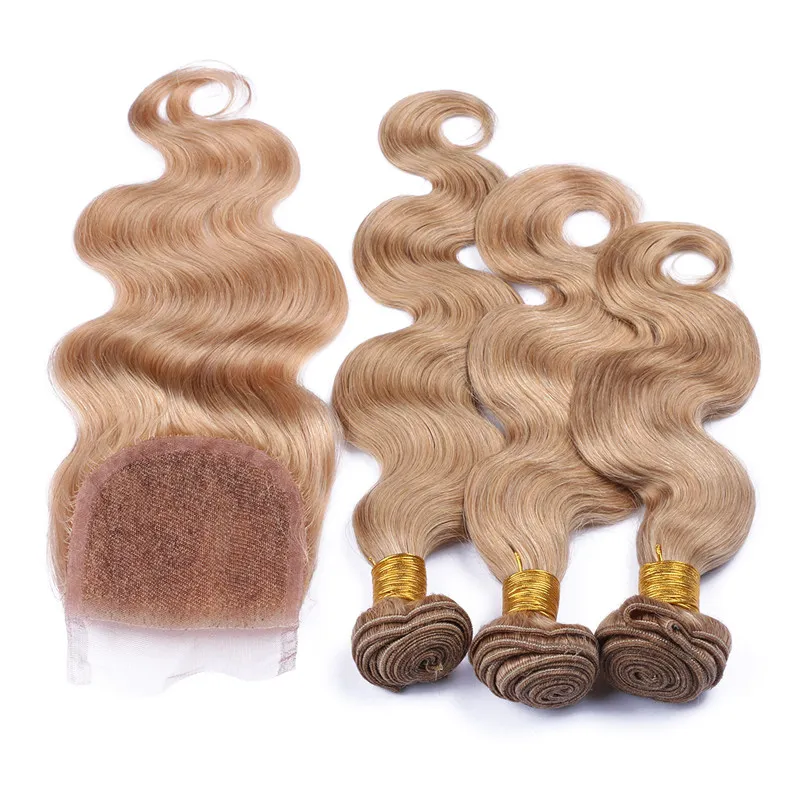 # 27 Honey Blonde 4x4 Lace Top Closure Free Часть С перуанский Strawberry Blonde Богородица человеческих волос Weave Связки Body Wave 4шт Лот