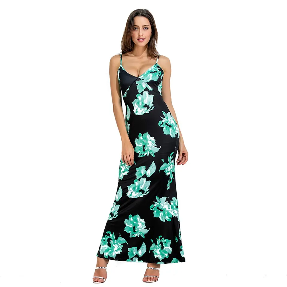 Nueva Sexy algodón Floral Maxi Dress Largo elegante verano Boho Bohemia Imprimir Ladies Casual Party correa de espagueti sirena