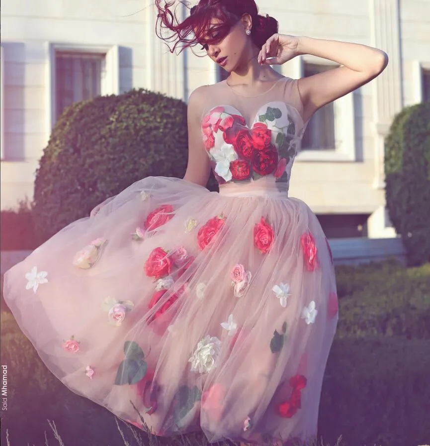 Dernière robe de bal courte dit Mhamad avec simulation à l'intérieur de fleurs 3D bijou cou robe de soirée de mode 2017 belles robes de soirée de longueur de thé