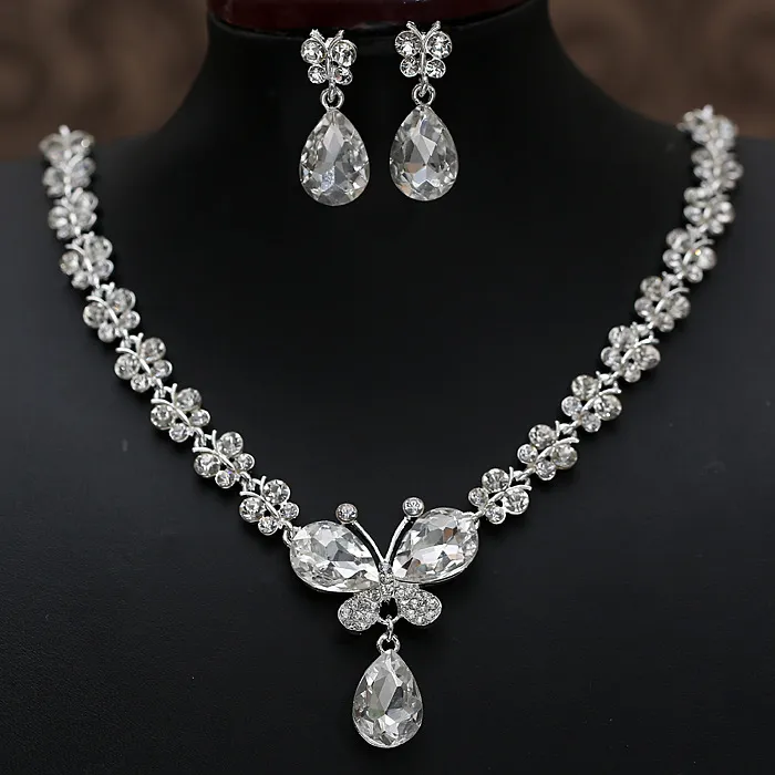 Rhinestone Crystal drop halsband sätter örhänge pläterade brud smycken set vita bröllop örhängen bröllopstillbehör