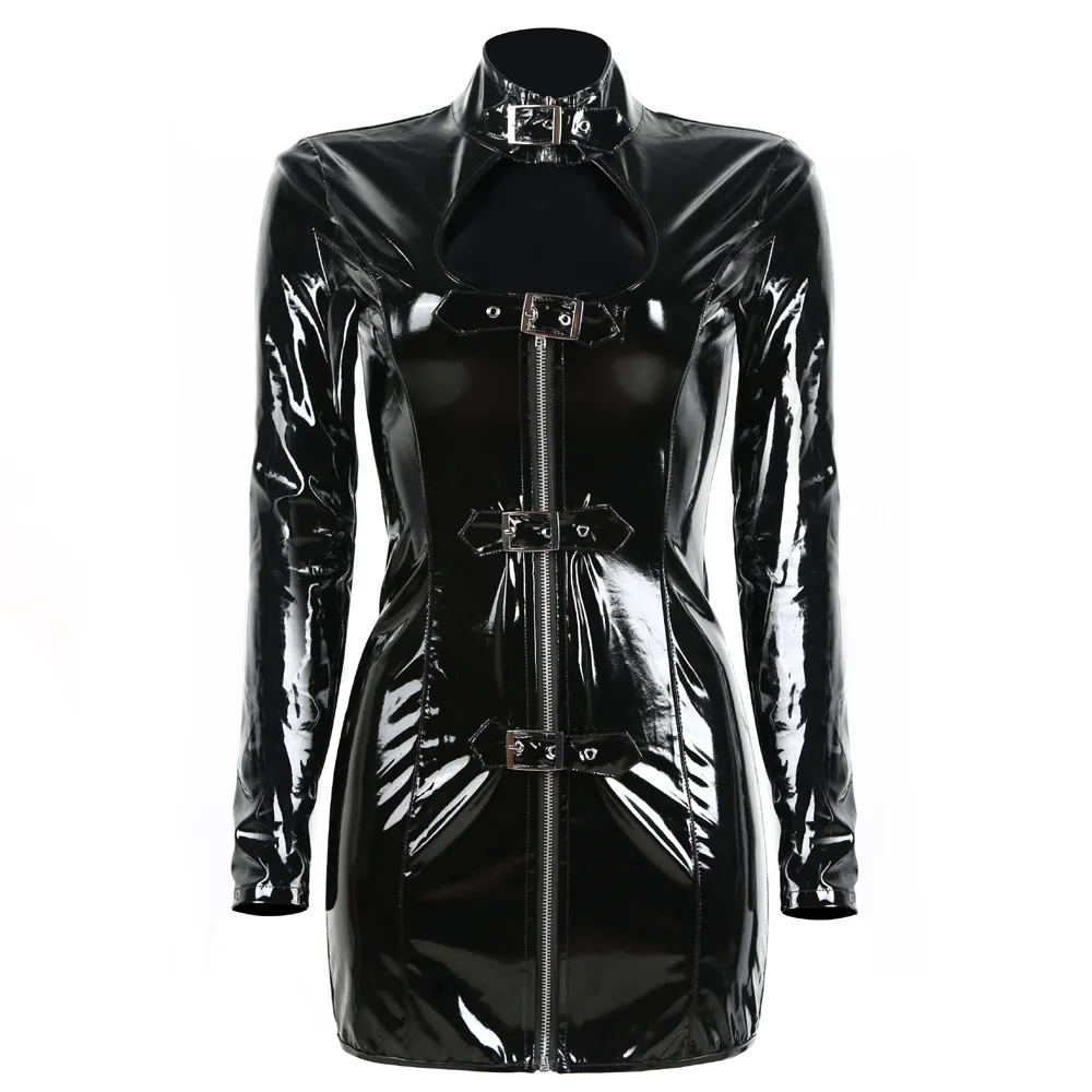 Glanzende vrouwen zwarte pvc jurk voorste gesp mini jurk lange mouwen sleutelgat bodycon catsuit nachtclub partij kostuum
