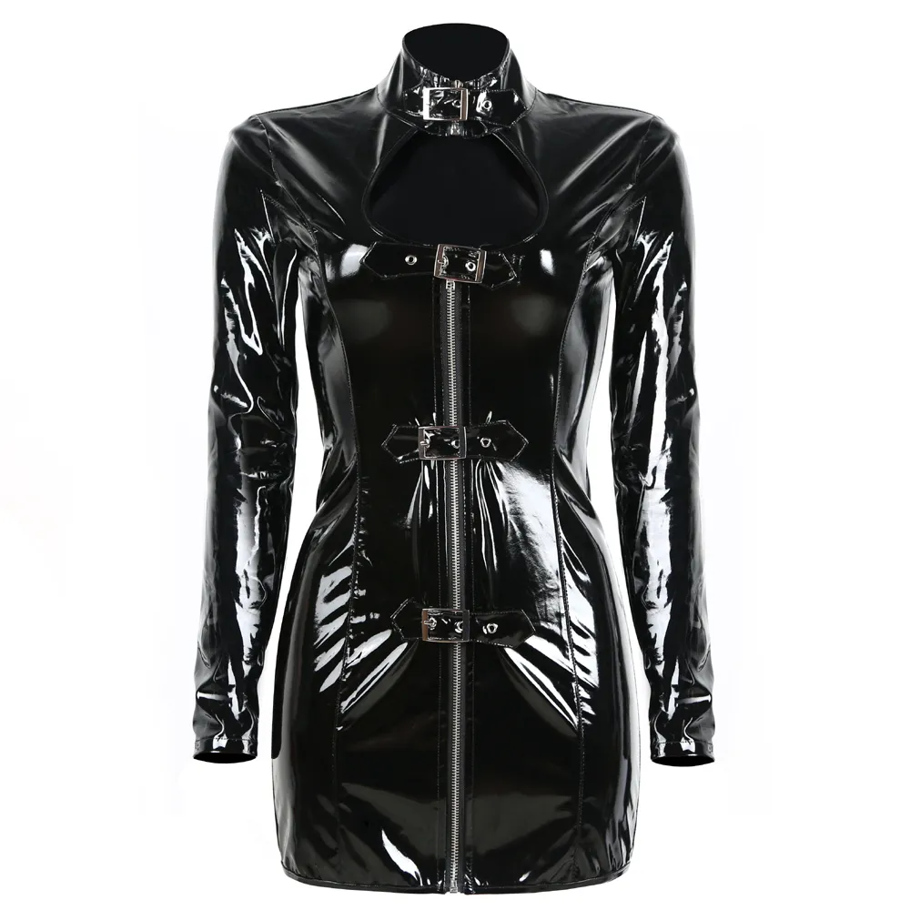 Shiny Women Black PVC Dress Front Buckle Mini Dress Long Sleeve Keyhole Bodycon Catsuit Nightclub Party Costume