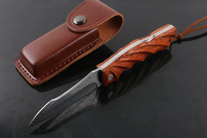 Schweiziska Damaskus stål vikkniv Natualsyra Trähandtag EDC Pocket Knivar med lädermantel