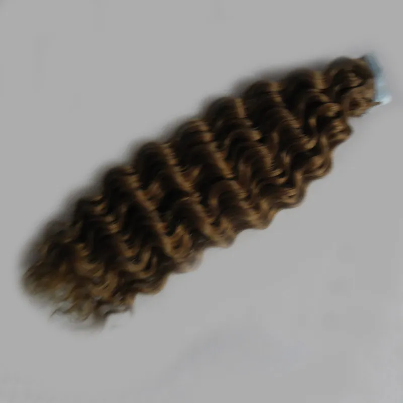 인간의 머리카락에서 밝은 갈색 테이프 100g 100 % 버진 레미 천연 인간의 머리카락 깊은 파도 접착 테이프 인간의 머리카락