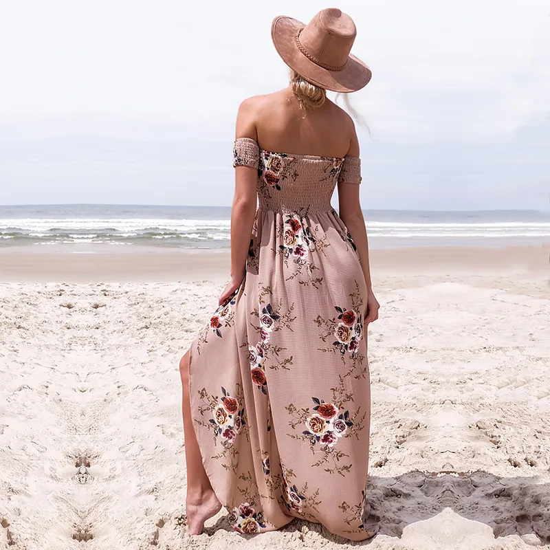 Maxiklänning långa klänningar kvinnor Off shoulder strand sommar Blommönster Vintage chiffong vit Damsommar Beach Bröllopsklänning