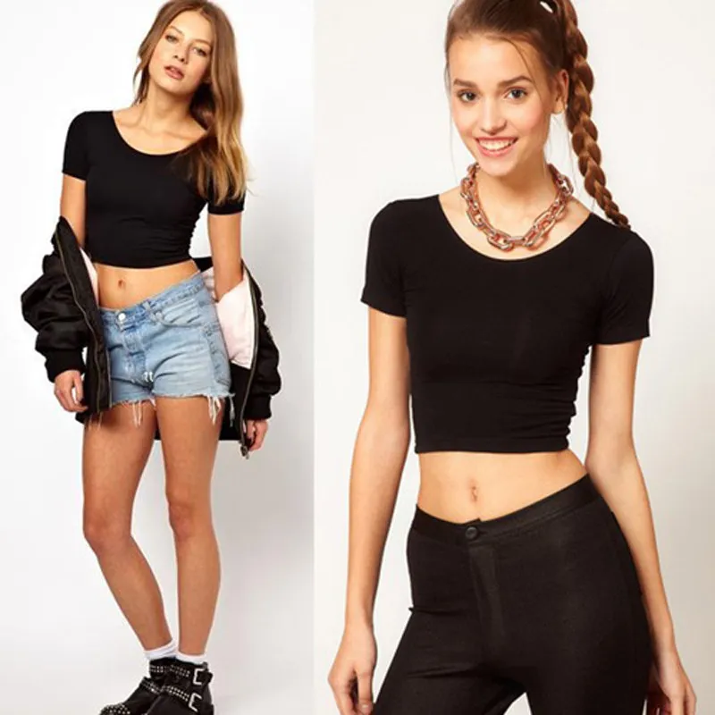 Women's Sexy Casual Crop Tops Cropped Pullover Short Sleeve T-shirt Tops  Tee