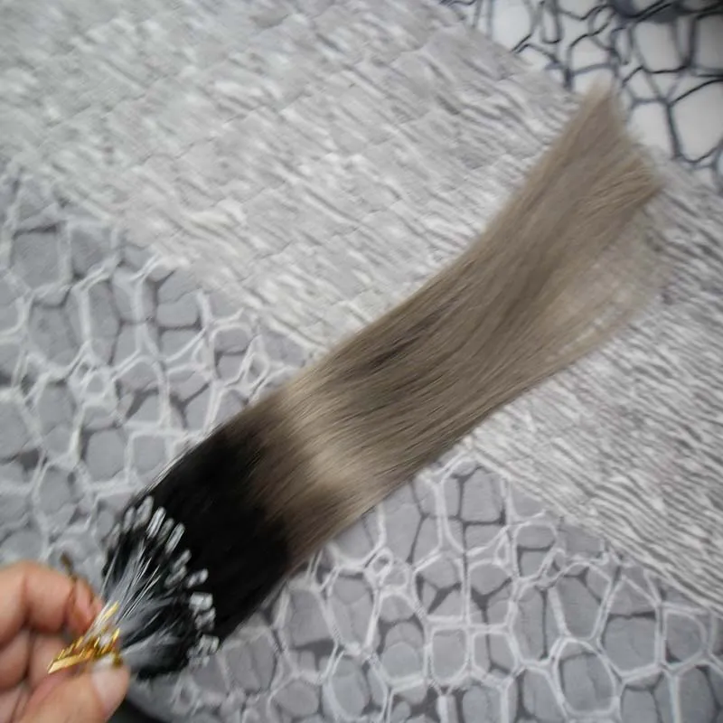 T1b / Grå Silver Ombre Micro Hair Extensions 100g 1g / s Micro Loop Ombre Silver Grå 100s Applicera Naturligt hår Mikrolänk Hårförlängningar Mänsklig