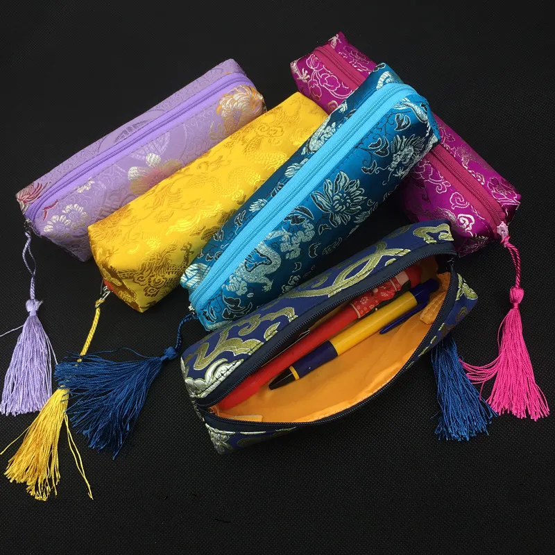 Waterproof Tassel Zipper Gift Bag Women Cosmetic Jewelry Storage Pencil Pouch Silk Brocade Makeup Purse Packaging