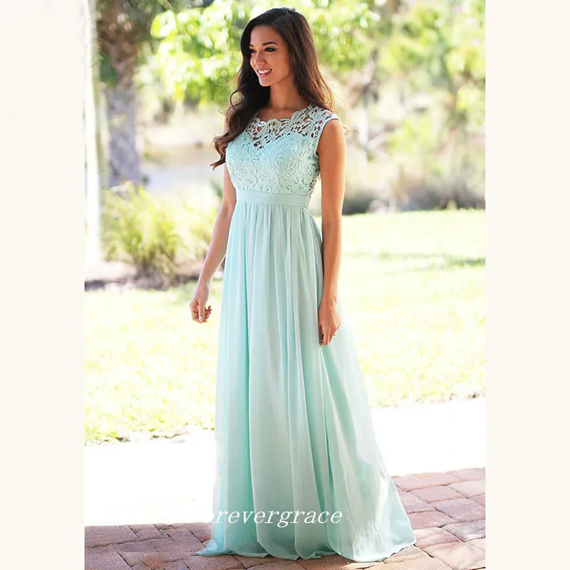 Elegante menta longa dama de honra vestido barato chiffon lace top empregada de honra vestido wedding convidado vestido feito personalizado plus size