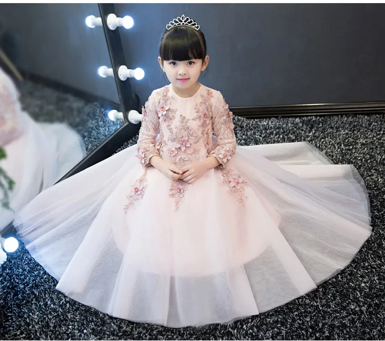 Nouvelle Arrivée Rose Tulle Exquis Dentelle Fleur Fille Robe Cheville Longueur Baptême Fête De Bal Princesse robe Filles De Mariage Robe D'anniversaire