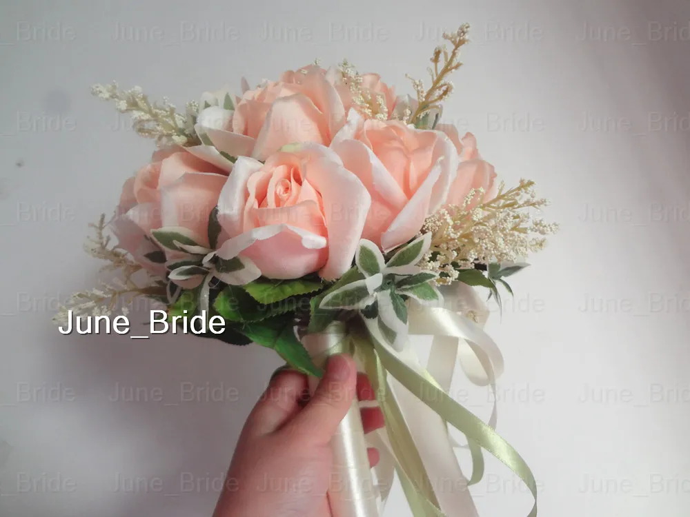 Bellissimo bouquet da sposa rosa pesca 18 fiori Real Po Tiro da sposa di alta qualità Fiore foglie verdi Bouquet da sposa damigella d'onore wi2649069