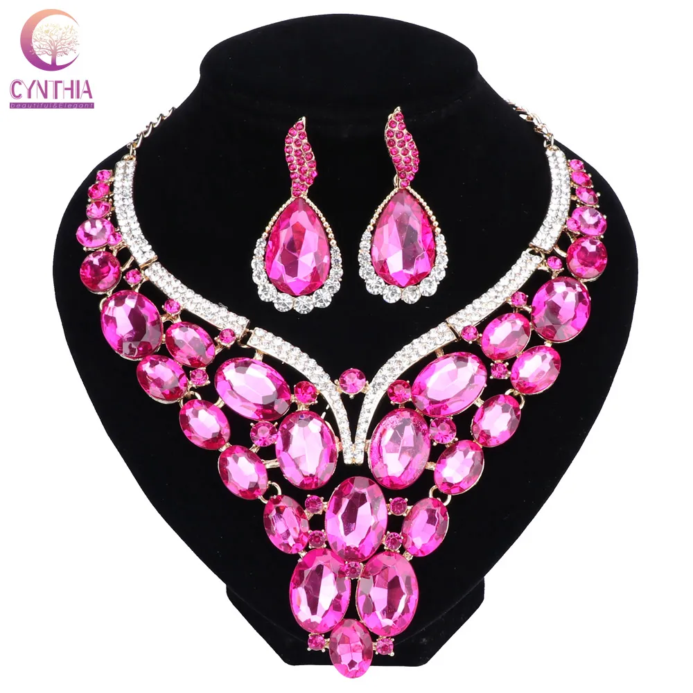 Fashion Jewelry Chunky Gem Crystal Flower Choker Necklace Statement Necklace Earring Party Dress Jewelry Sets 2883